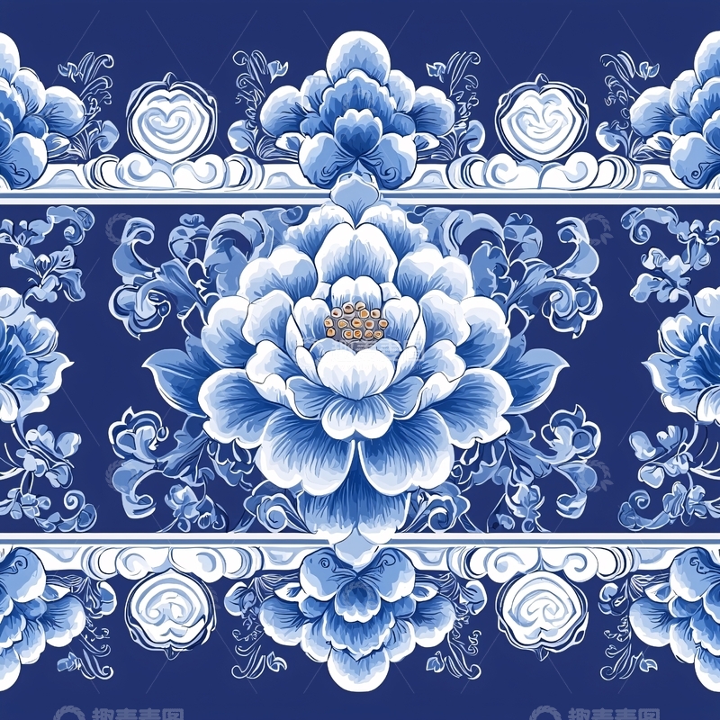 高清大图下载【趣麦麦图】青花瓷风格的牡丹纹样