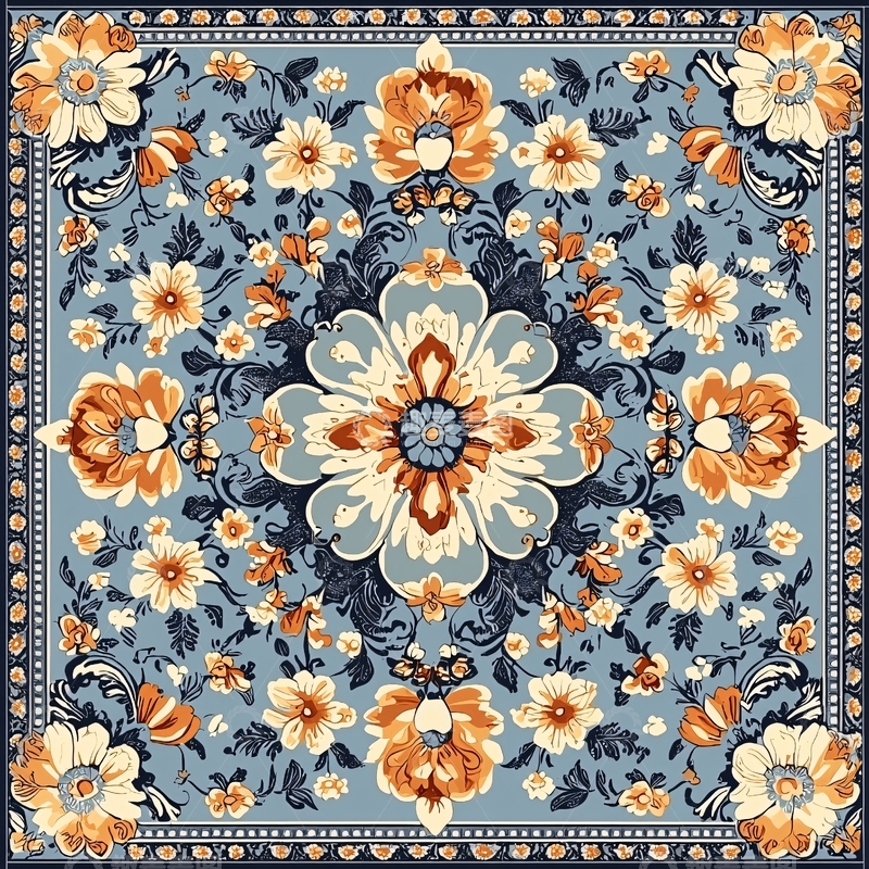 高清大图下载【趣麦麦图】蓝色花卉图案方巾