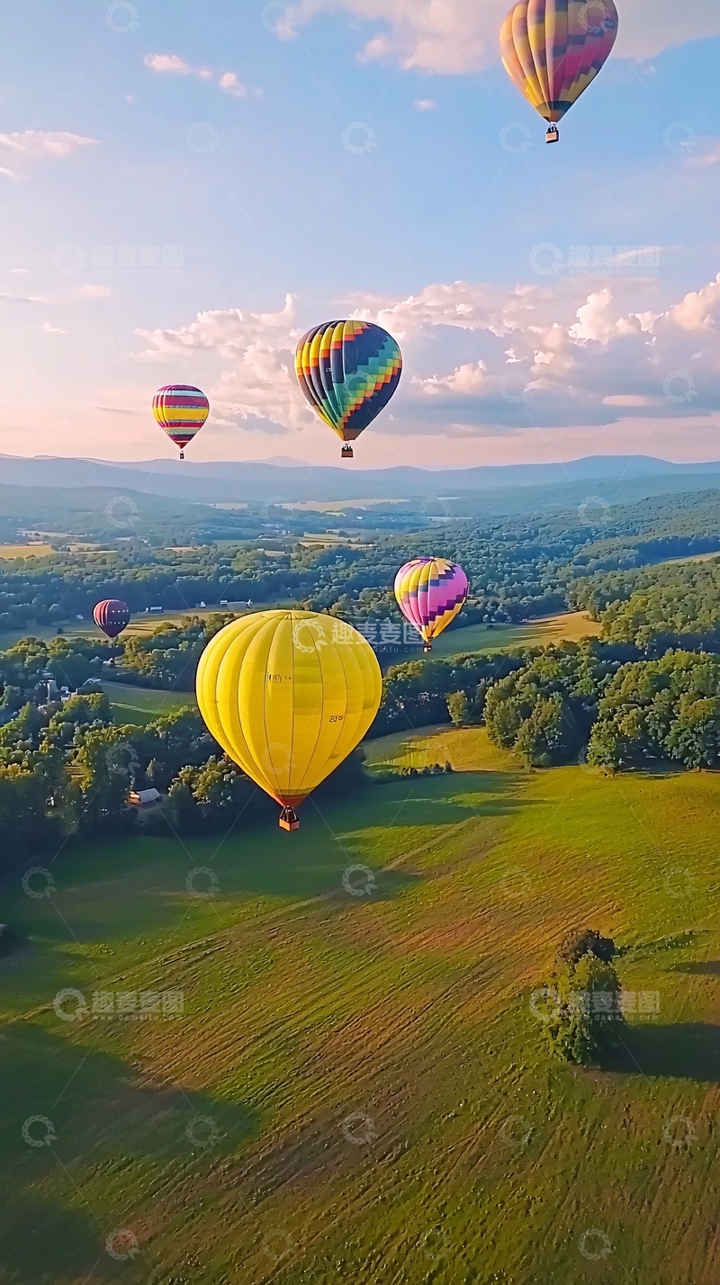 高清大图下载【趣麦麦图】热气球空中俯瞰田园风光