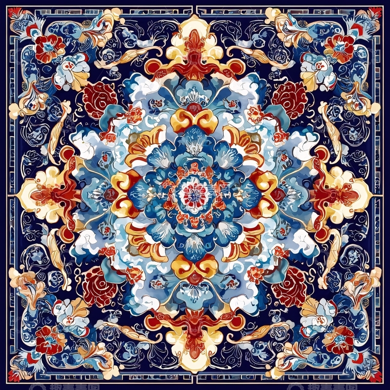 高清大图下载【趣麦麦图】繁复华丽的蓝色花卉图案