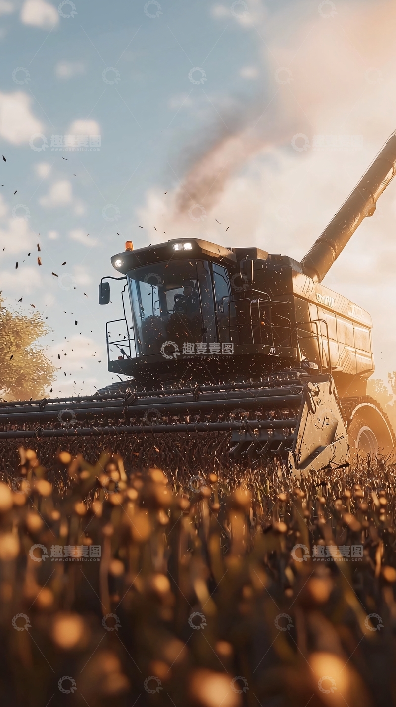 高清大图下载【趣麦麦图】夕阳下收割机在田野作业