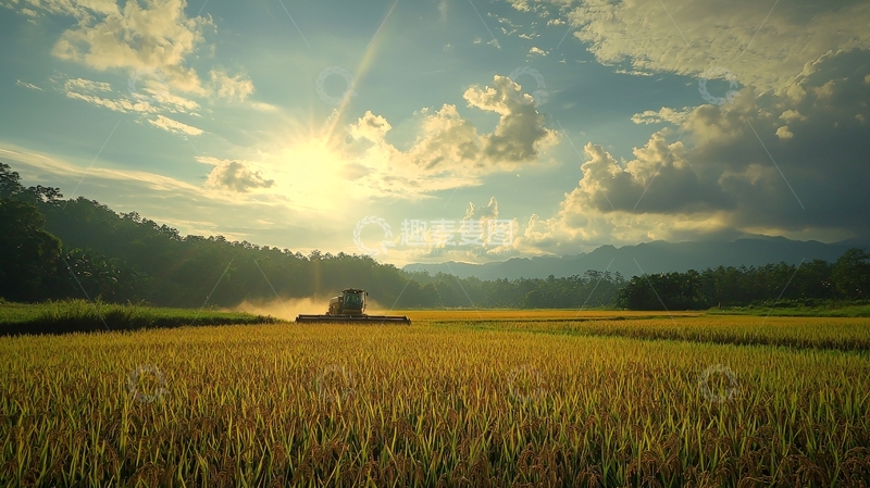 高清大图下载【趣麦麦图】金色稻田夕阳收割机