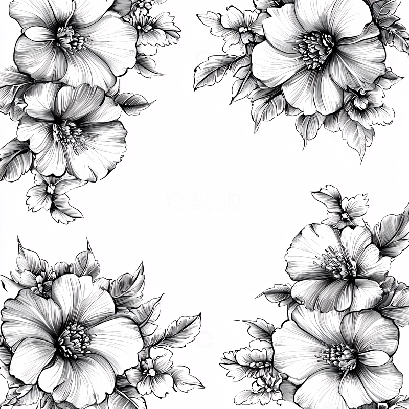 高清大图下载【趣麦麦图】黑白花卉边框素材