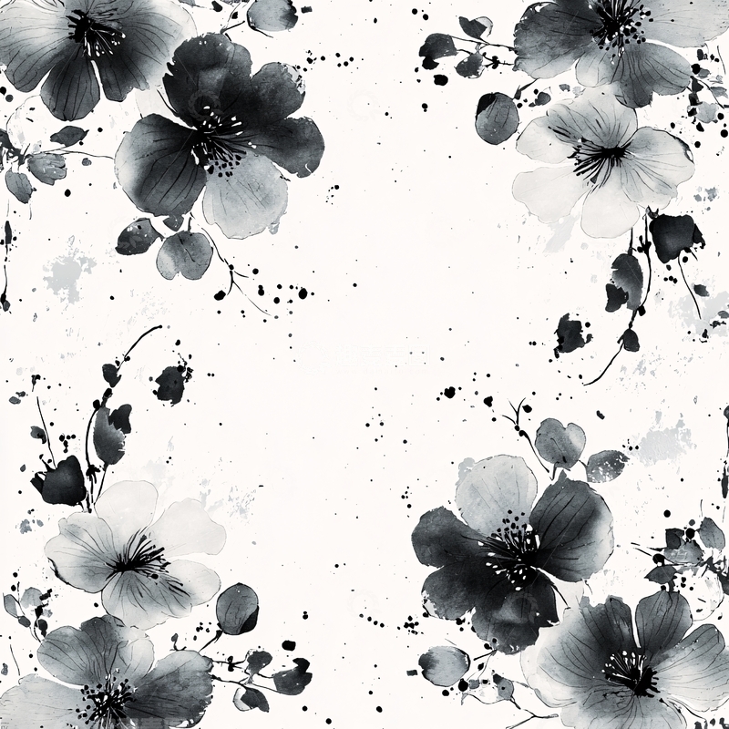 高清大图下载【趣麦麦图】黑白水墨花卉画