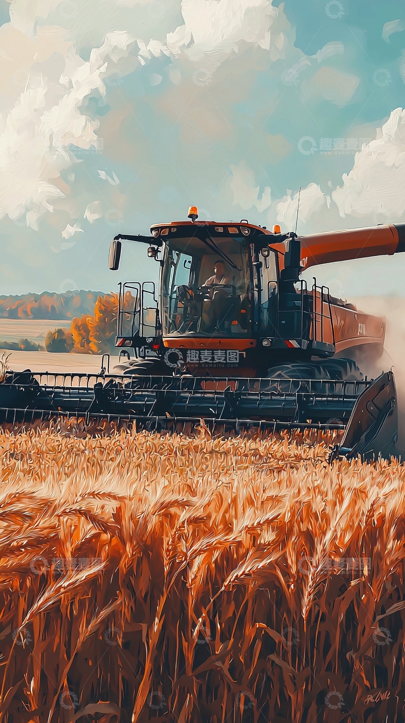 高清大图下载【趣麦麦图】秋收时节收割机作业