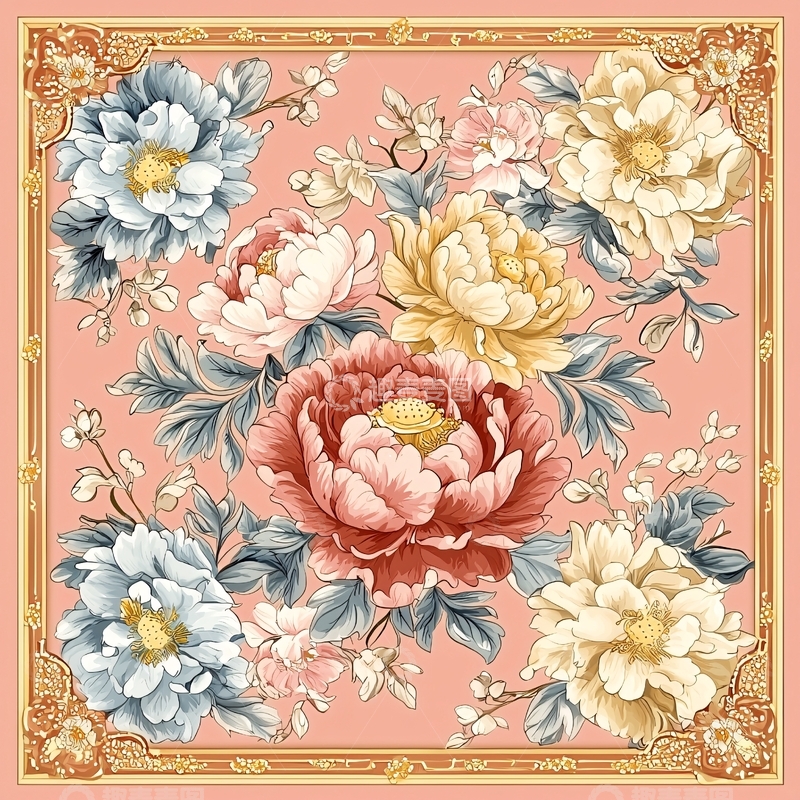 高清大图下载【趣麦麦图】粉色背景上的复古牡丹花图案