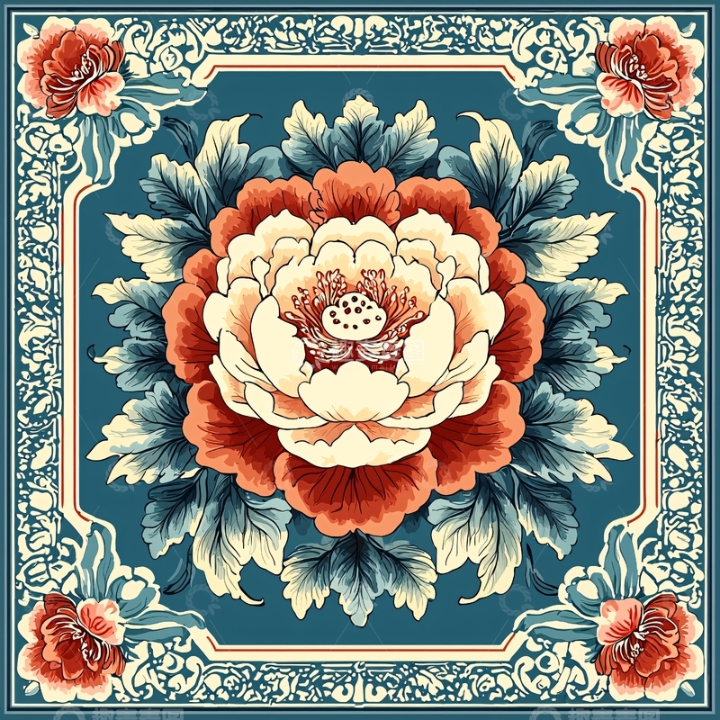 高清大图下载【趣麦麦图】蓝色底的牡丹花图案