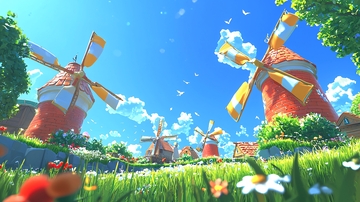 阳光下的卡通风车村庄