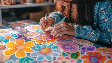 女生绘制鲜花图案贴纸