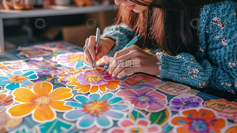 高清大图下载【趣麦麦图】女生绘制鲜花图案贴纸