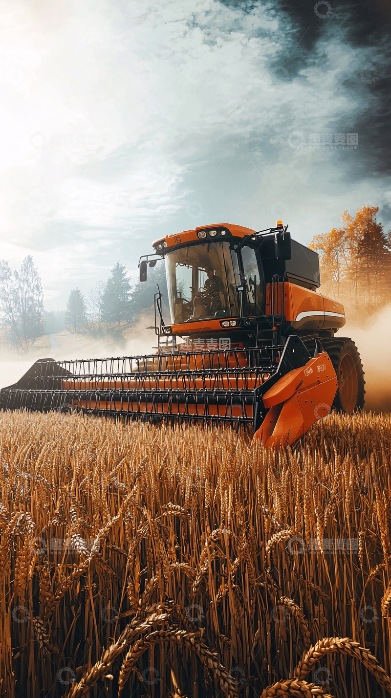 高清大图下载【趣麦麦图】收割机在麦田作业