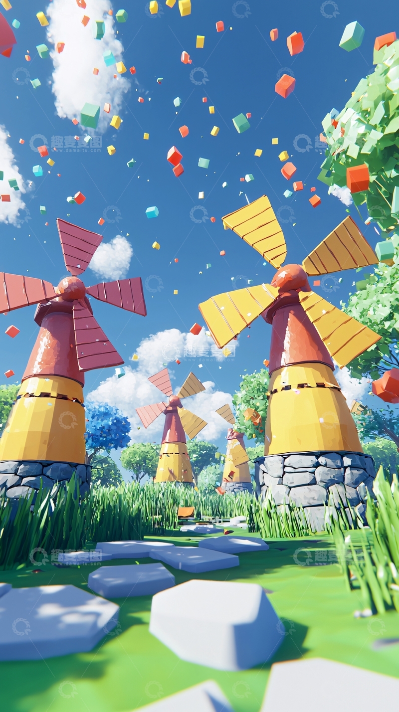 高清大图下载【趣麦麦图】卡通风力磨坊