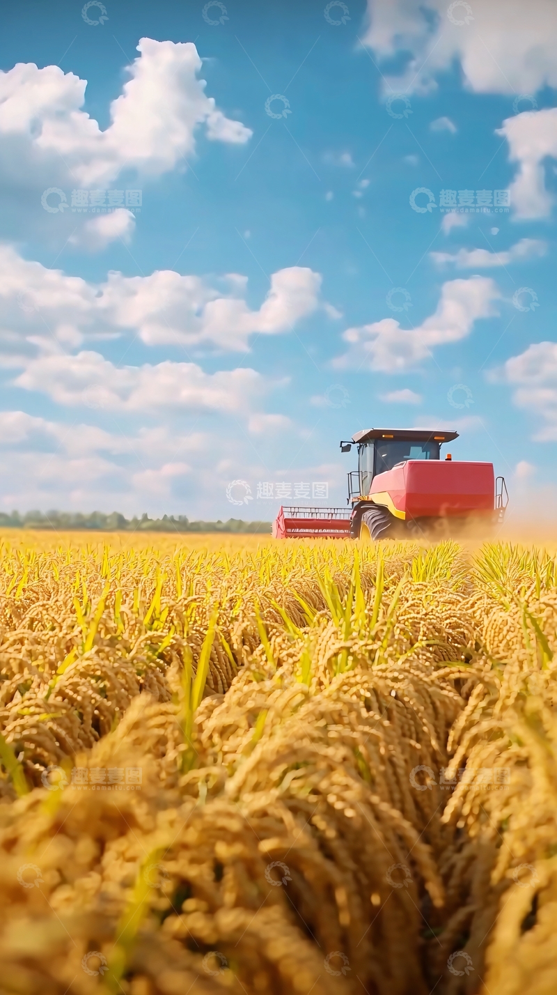 高清大图下载【趣麦麦图】秋收时节金色稻田收割机