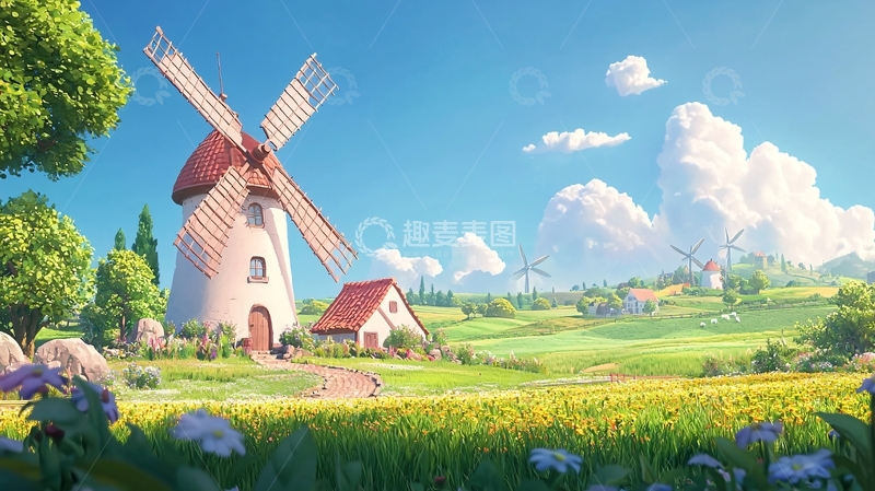 高清大图下载【趣麦麦图】田园风光卡通风车