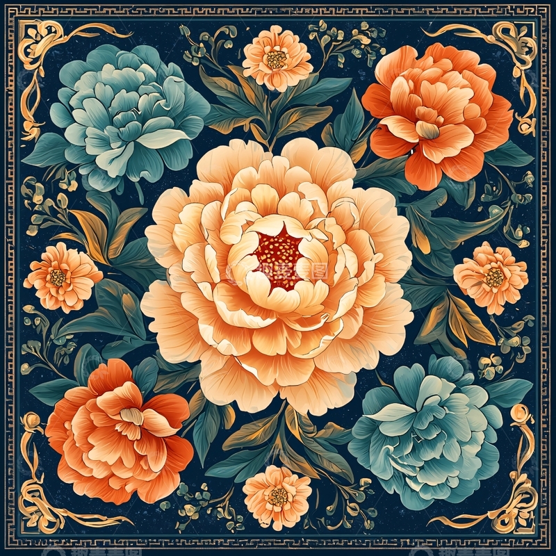 高清大图下载【趣麦麦图】精美复古风牡丹花纹图案