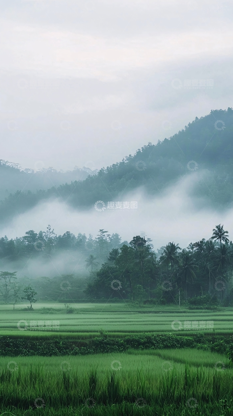高清大图下载【趣麦麦图】雾气缭绕的山间梯田