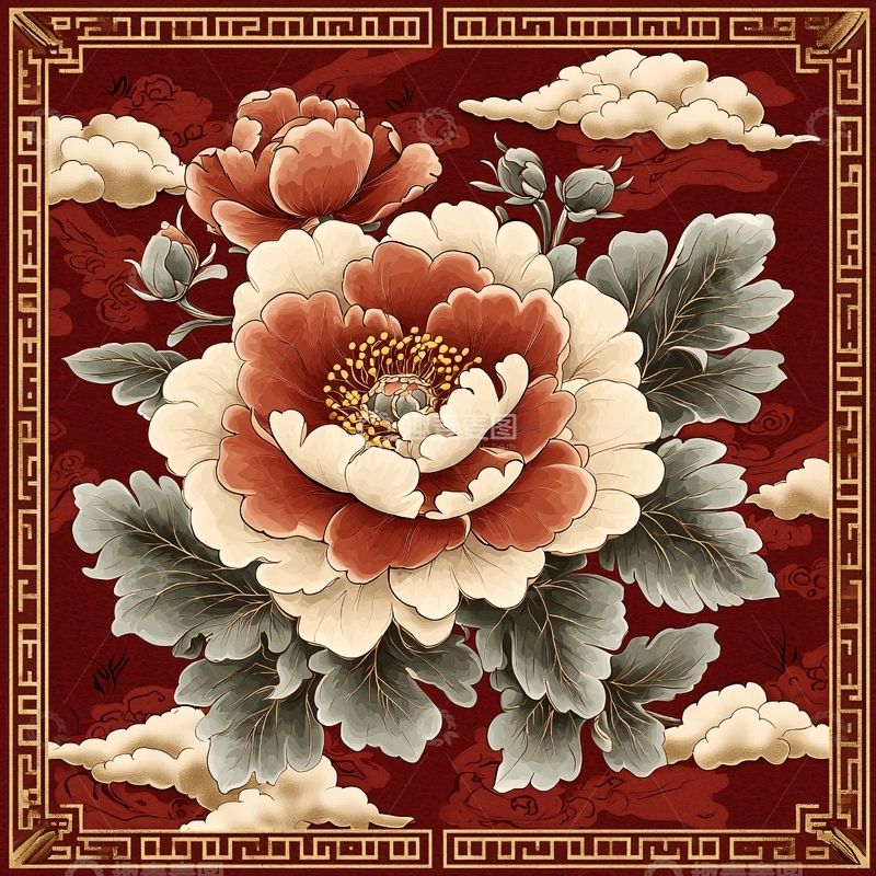 高清大图下载【趣麦麦图】国风牡丹花卉祥云图案背景