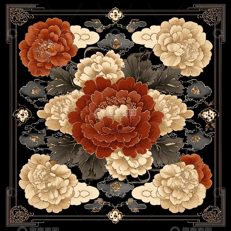 高清大图下载【趣麦麦图】暗黑系牡丹花纹图案