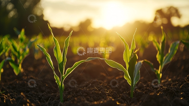 高清大图下载【趣麦麦图】日落时分玉米幼苗