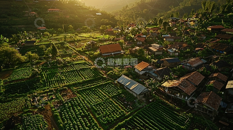 高清大图下载【趣麦麦图】日出山谷田园村庄鸟瞰图