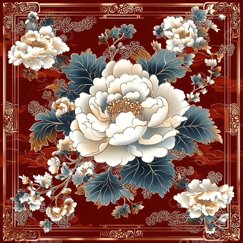 高清大图下载【趣麦麦图】红底白牡丹花纹图案