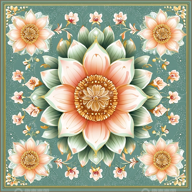 高清大图下载【趣麦麦图】粉色花朵绿色叶子对称排列