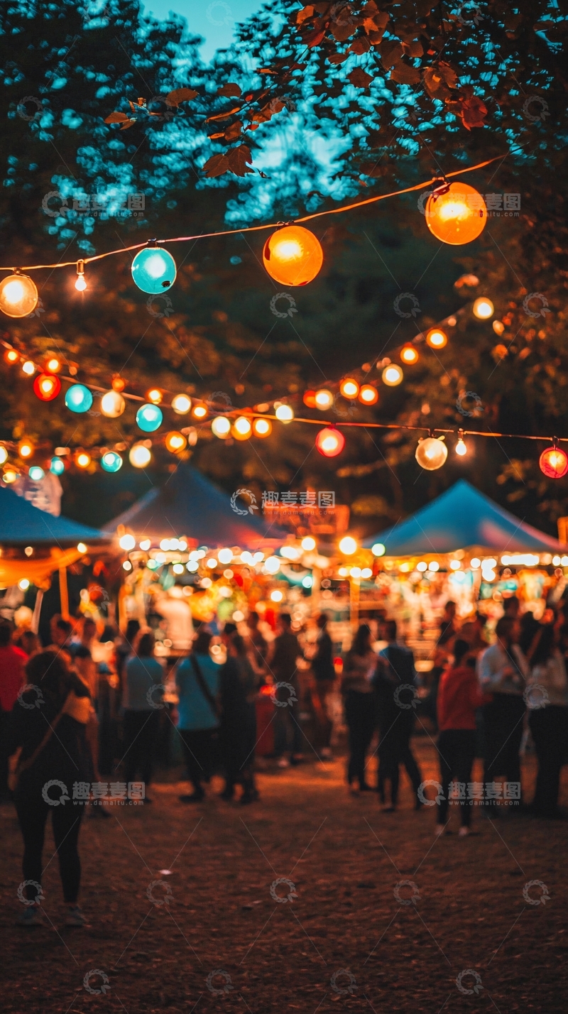 高清大图下载【趣麦麦图】夜晚露天集市彩灯