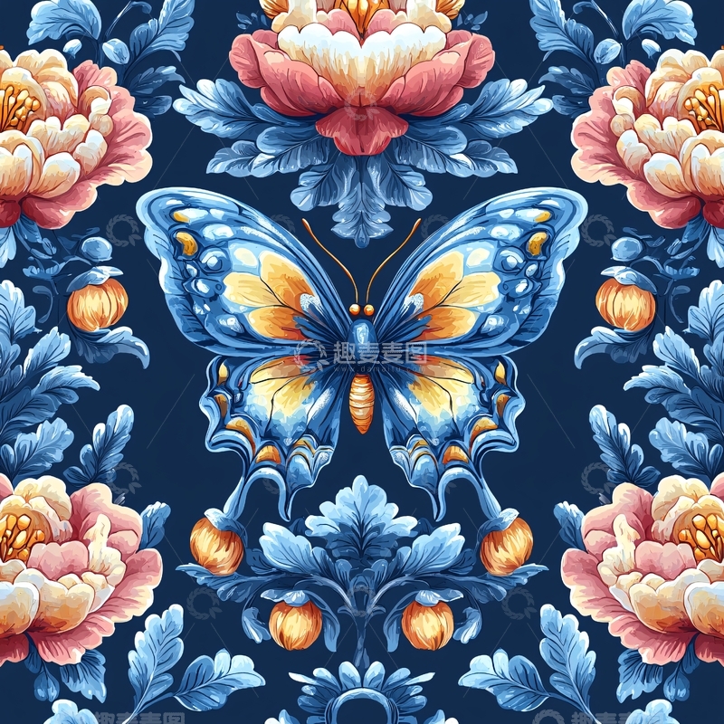 高清大图下载【趣麦麦图】蓝色蝴蝶花卉对称图案