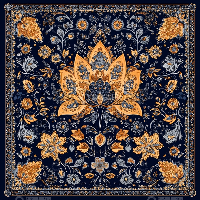 高清大图下载【趣麦麦图】暗蓝色背景金色花卉图案