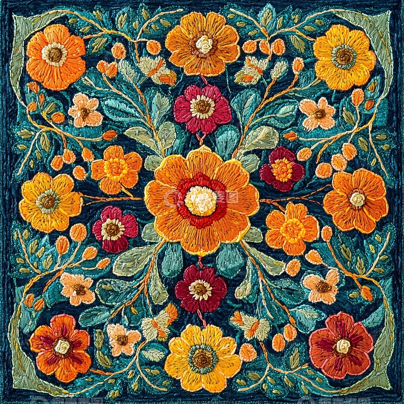 高清大图下载【趣麦麦图】蓝色背景上的橙色花卉图案