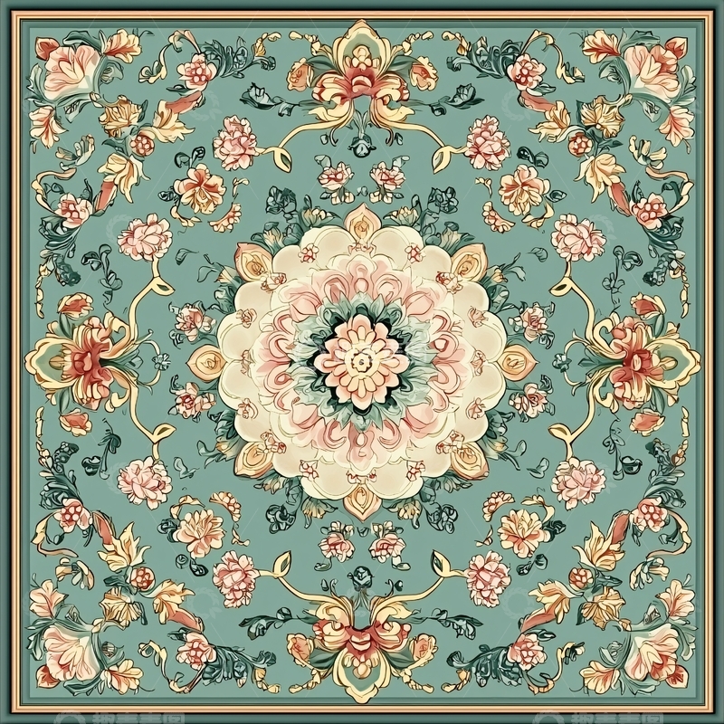 高清大图下载【趣麦麦图】复古花卉图案地毯