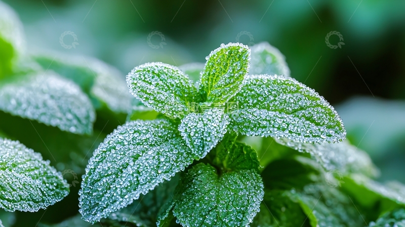 高清大图下载【趣麦麦图】清晨露珠覆盖的薄荷叶