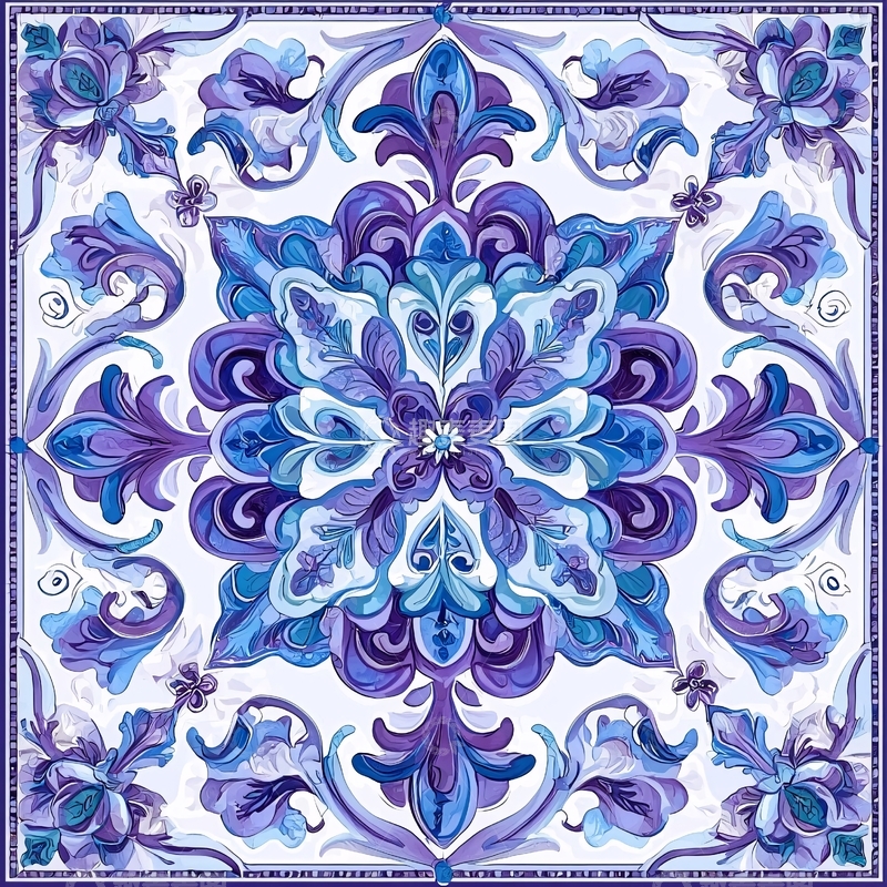 高清大图下载【趣麦麦图】蓝色花卉曼陀罗瓷砖