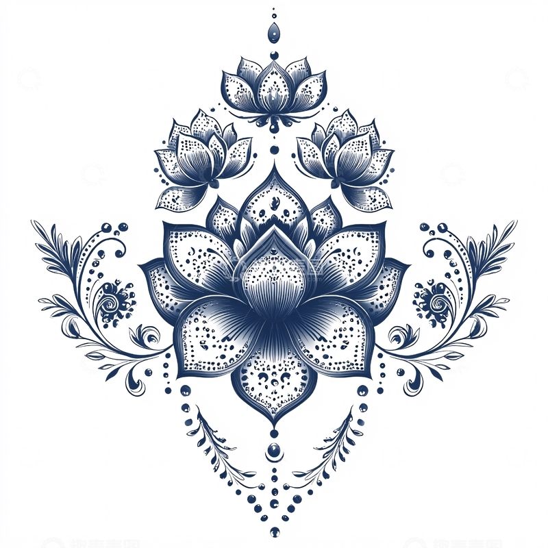 高清大图下载【趣麦麦图】蓝色莲花对称图案