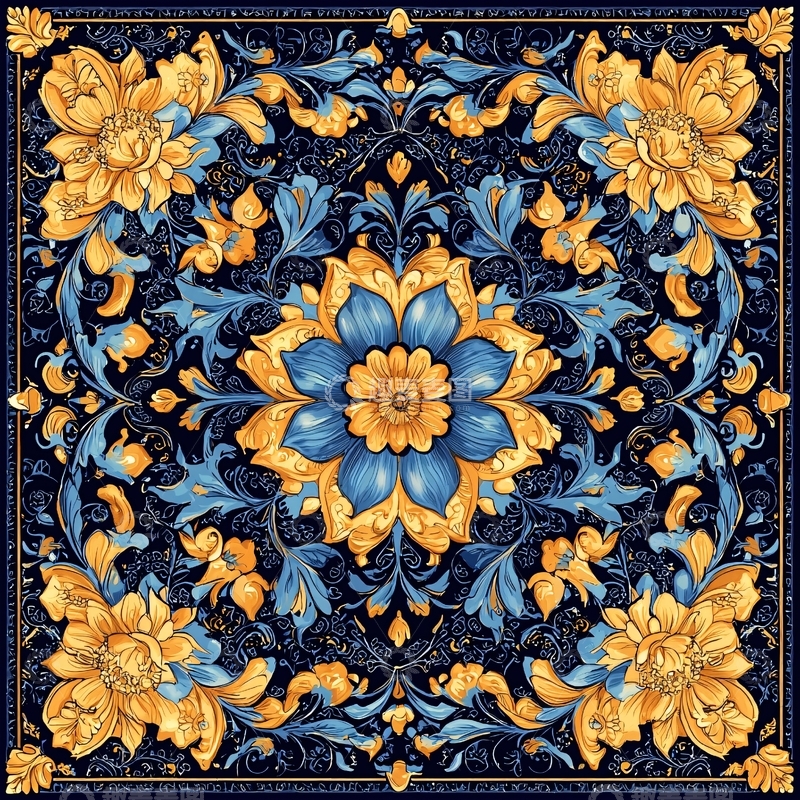 高清大图下载【趣麦麦图】暗蓝色金色花卉纹样方巾