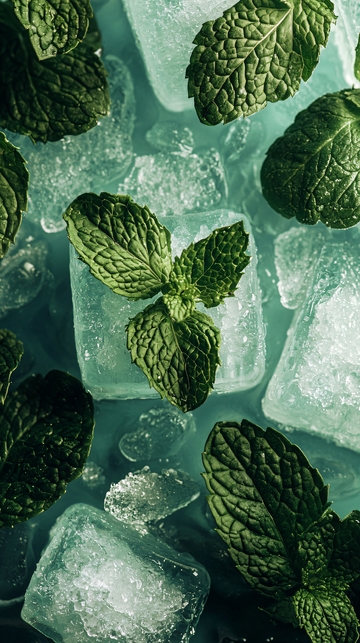 冰块中新鲜薄荷叶