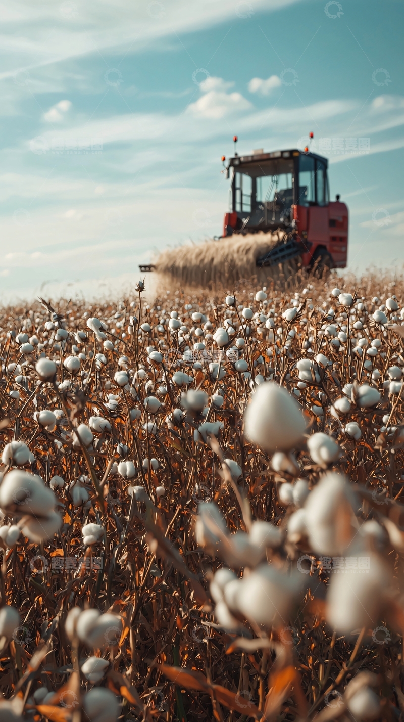 高清大图下载【趣麦麦图】收割机在棉花田里收割棉花