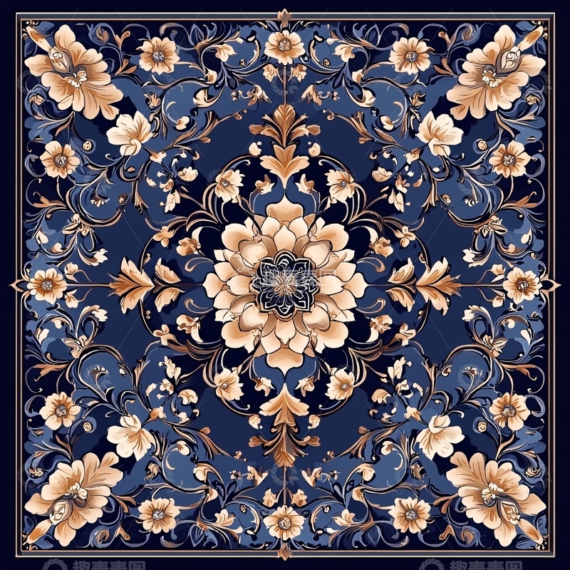 高清大图下载【趣麦麦图】精致蓝色花卉对称图案