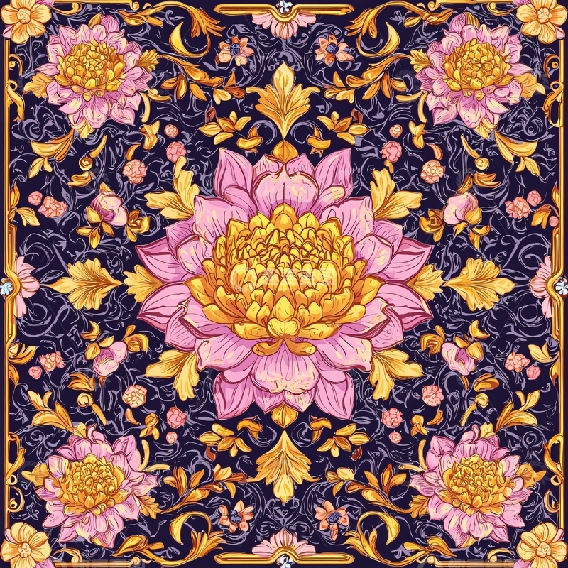 高清大图下载【趣麦麦图】精美金色粉色花卉图案