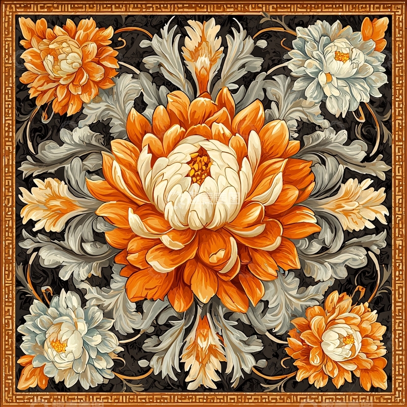 高清大图下载【趣麦麦图】橙色菊花和银色叶子