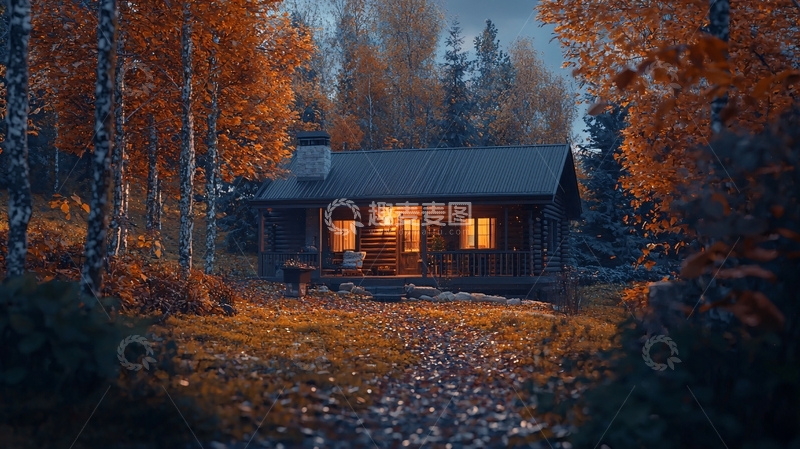 高清大图下载【趣麦麦图】秋日森林小屋夜景
