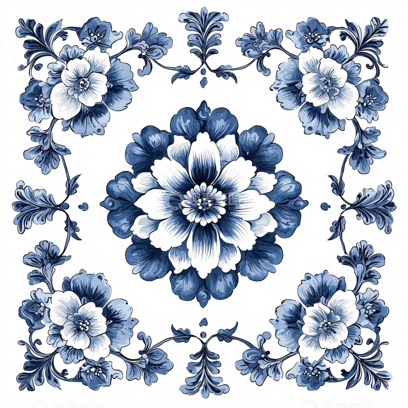 高清大图下载【趣麦麦图】青花瓷风格花卉图案
