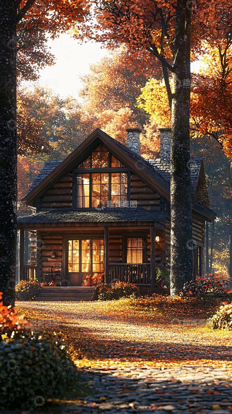 高清大图下载【趣麦麦图】秋日森林里的木屋