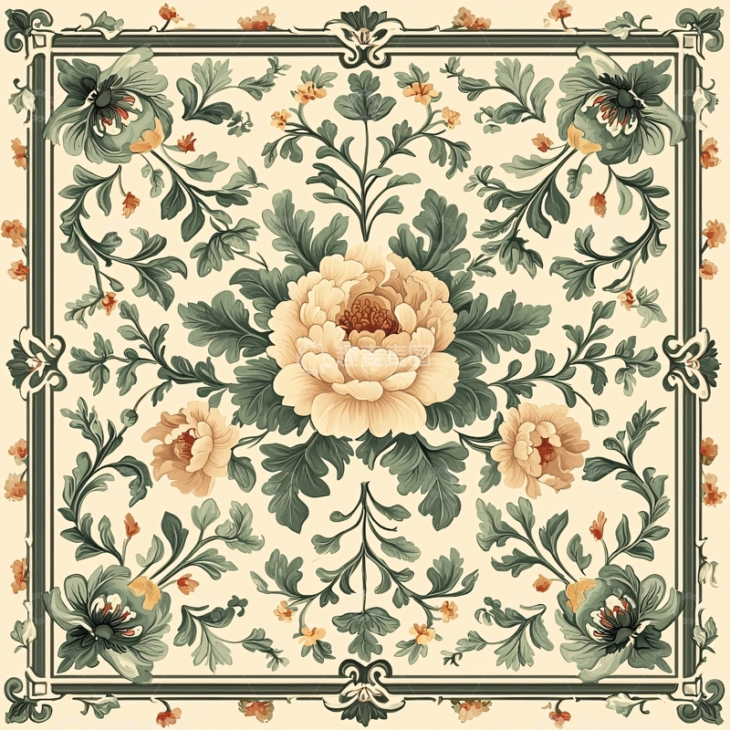 高清大图下载【趣麦麦图】米色背景下的花卉对称图案