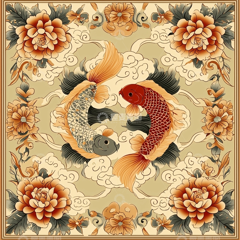 高清大图下载【趣麦麦图】祥云牡丹鲤鱼纹样