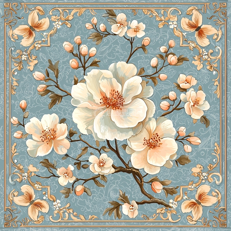 高清大图下载【趣麦麦图】蓝底白色花卉图案