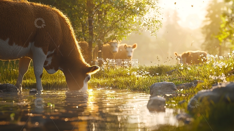高清大图下载【趣麦麦图】阳光下牛群在溪边饮水