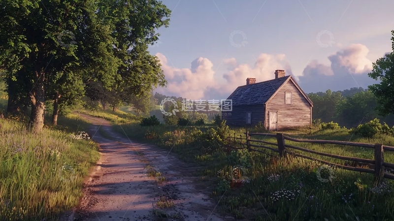 高清大图下载【趣麦麦图】乡间小路旁的老式木屋