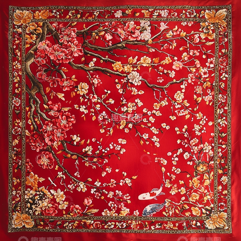 高清大图下载【趣麦麦图】红色背景上的花卉图案