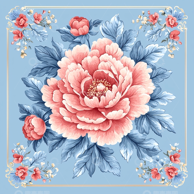 高清大图下载【趣麦麦图】粉色牡丹蓝色背景